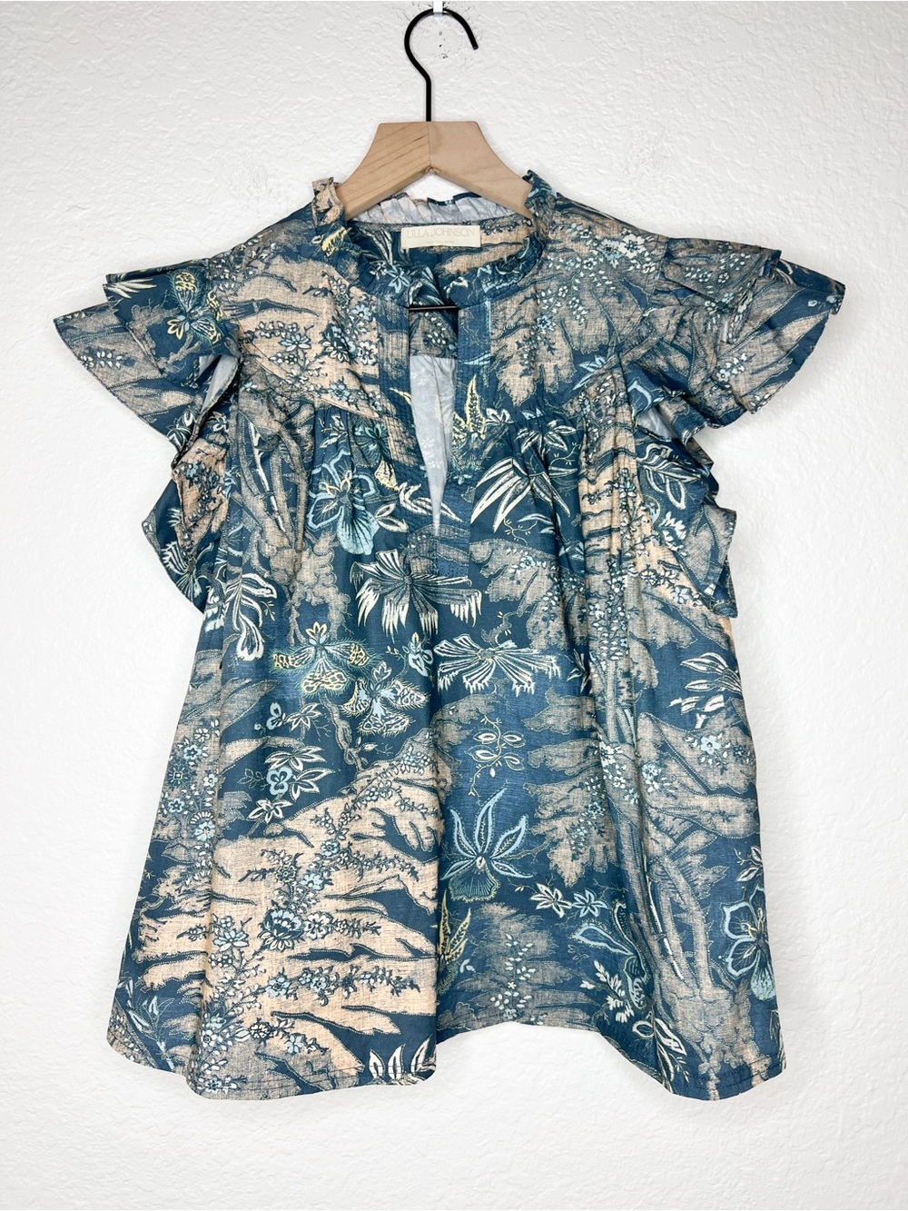 Ulla Johnson Lei Top Weimea Blue Floral Ruffle Sleeve Cotton Blouse size 6 - Picture 3 of 7